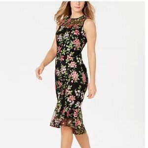 Calvin Klein Black Floral Embroidered Sleeveless Sheath Trumpet Dress‎
